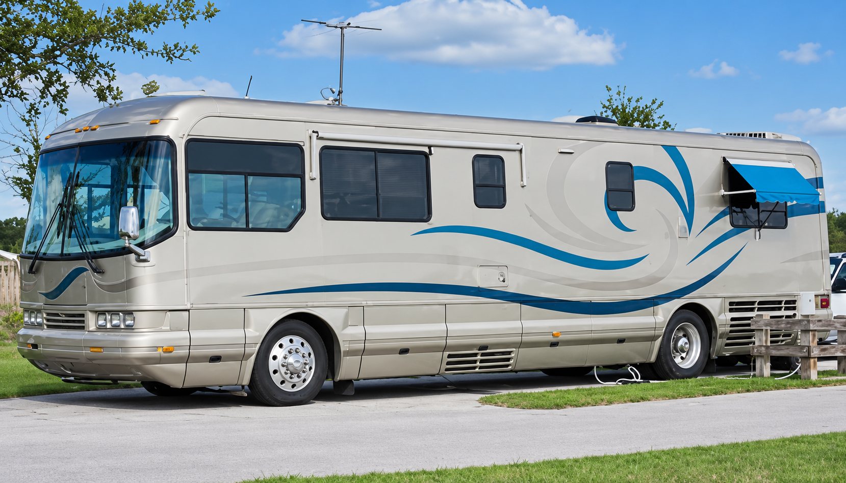 Grand camping-car beige à motifs bleus garé sur un emplacement herbeux, auvent bleu déployé